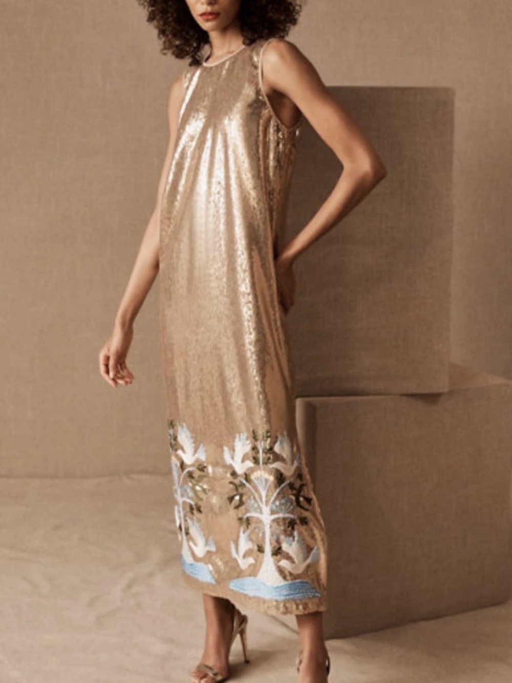 Anna Sui Gold Linnea Sequin Maxi Dress with Embroidered Floral Hem
